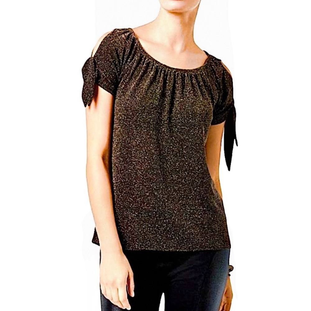INC International Concepts Gold Glitter Bow Shoulder Sparkly Top Black Large